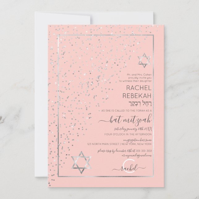 Pink Silver Glitzer Diagonal Confetti Bat Mitzvah Einladung (Vorderseite)