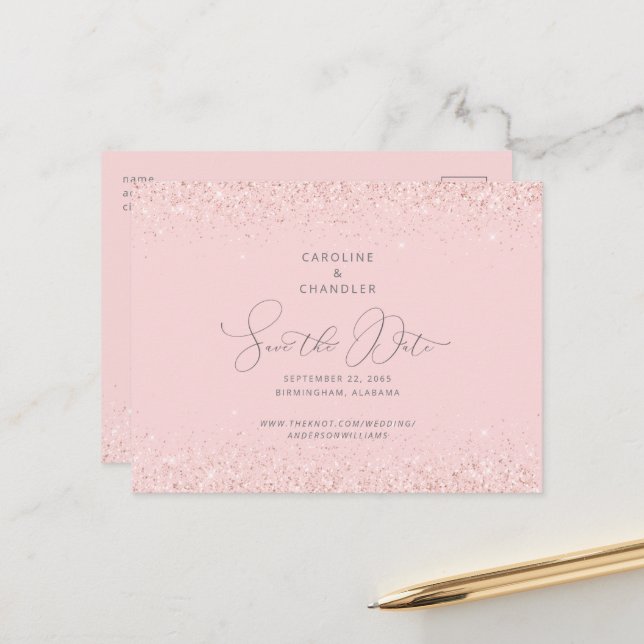 Pink & Silver Glitzer Hochzeit Speichern Sie das D Ankündigungspostkarte (Vorderseite/Rückseite Beispiel)
