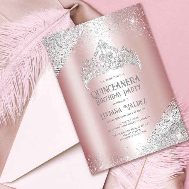 Pink Silver Glitzer Princess Tiara Quinceañera Einladung (Von Creator hochgeladen)