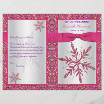 Pink Silver Glitzer Snowflakes Quinceañera Program