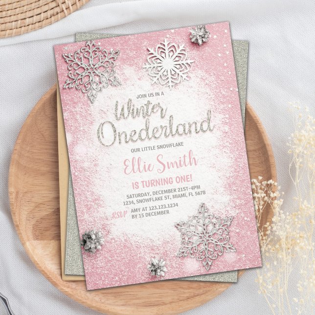 Pink Silver Glitzer Winter Onederland Einladung (Pink Silver Glitter Winter ONEderland Invitations)