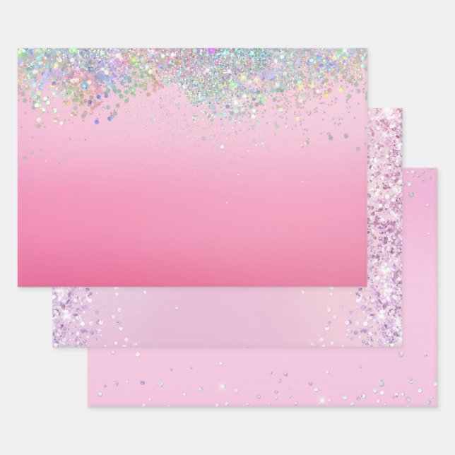 Pink Silver Glitzy Sparkle Confetti Christmas Geschenkpapier Set (Set)