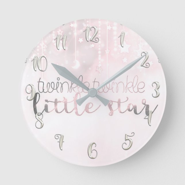 Pink Silver Glows Celestial Twinkle Little Star Runde Wanduhr (Vorderseite)