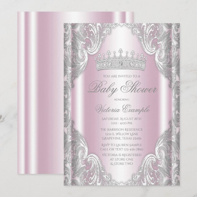 Pink Silver Grau Extravagant Princess Baby Dusche Einladung (Vorne/Hinten)
