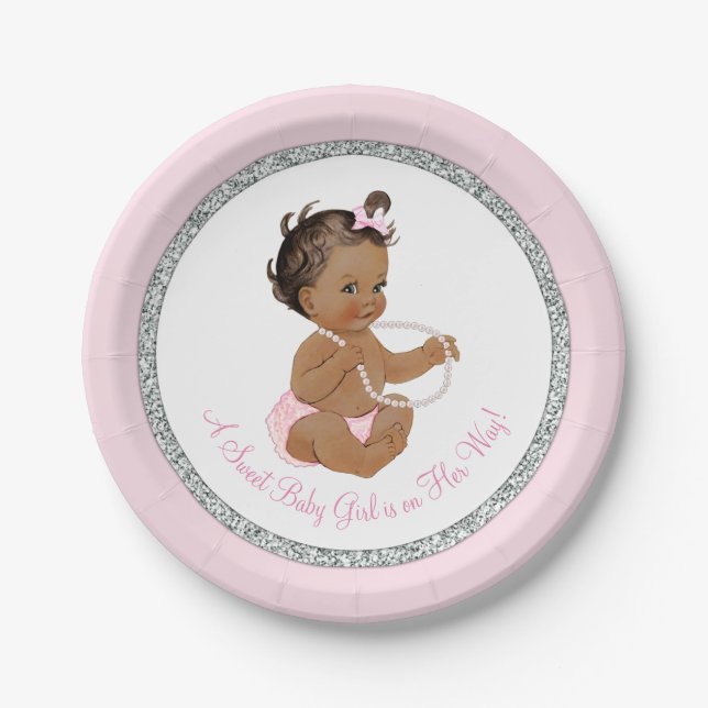 Pink Silver Gray Pearl Ethnic Girl Baby Dusche Pappteller (Vorderseite)