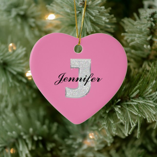 Pink Silver Letter J Keramik Ornament (Baum)