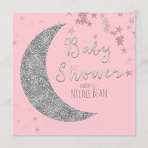 Pink & Silver Moon & Stars Kinderdusche Einladunge Einladung