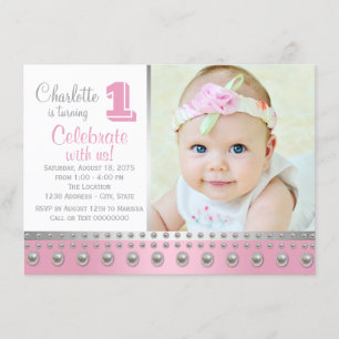 Pink Silver Pearl Erster Geburtstag Einladung