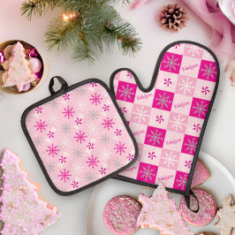 Pink & Silver Pfefferminze Schneeflocken Ihren Nam Ofenhandschuh & Topflappen-Set