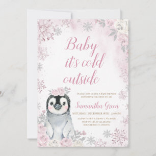 Pink Silver Pinguin Baby Dusche Einladung