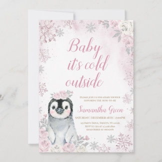 Pink Silver Pinguin Baby Dusche Einladung