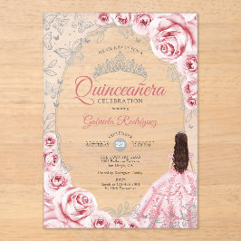 Pink Silver Quinceanera Floral Acryleinladungen
