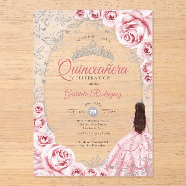 Pink Silver Quinceanera Floral Acryleinladungen (Vorderseite)