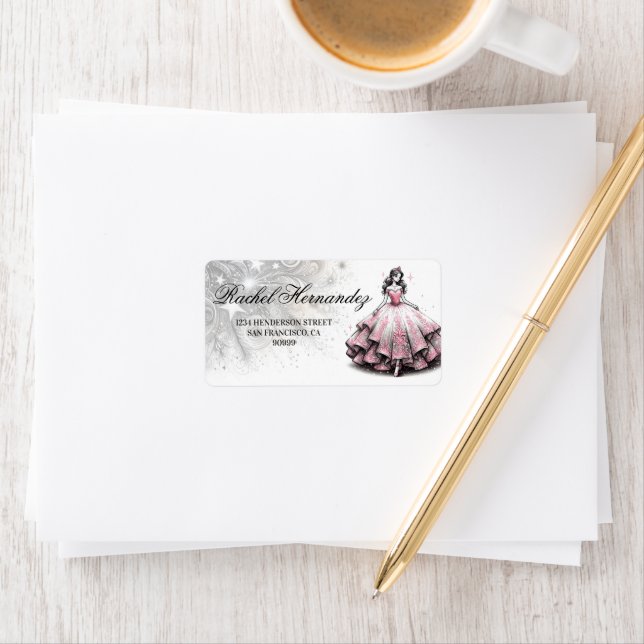 Pink & Silver Quinceañera Girl Adressaufkleber (Insitu)