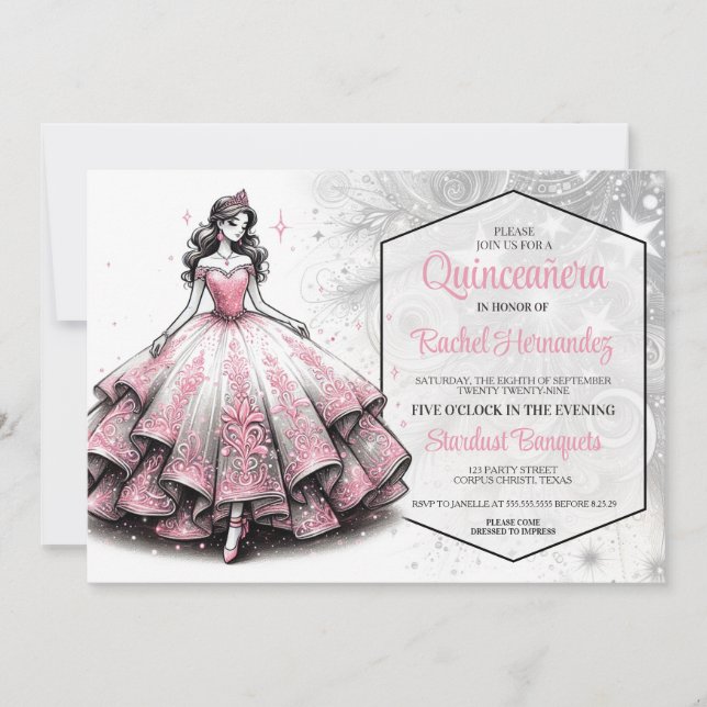 Pink & Silver Quinceañera Girl Einladung (Vorderseite)