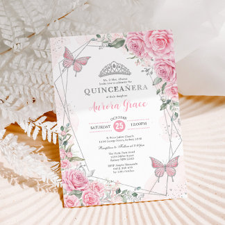 Pink Silver Roses Butterfly Quinceañera Birthday Einladung
