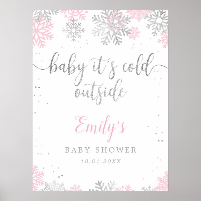 Pink Silver Snowflakes Baby Dusche Begrüßungszeich Poster (Vorne)