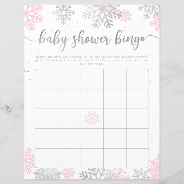 Pink Silver Snowflakes Baby Dusche Bingo Spiel (Vorderseite)