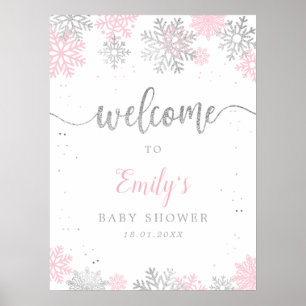 Pink Silver Snowflakes Girl Baby Dusche Willkommen Poster