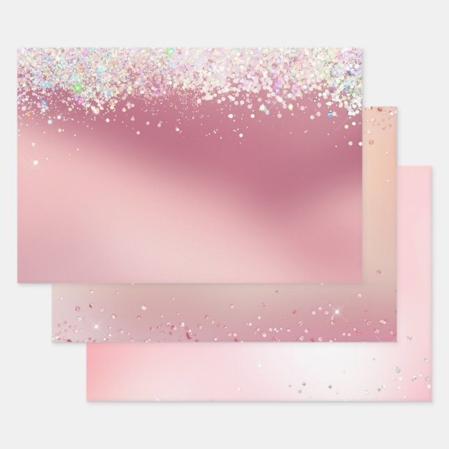 Pink Silver Sparkle Confetti Christmas Geschenkpapier Set (Set)