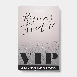 Pink Silver Sparkle Glitzer Glam Sweet 16 VIP Pass Ausweis