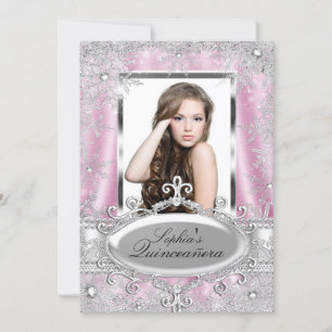 Pink Silver Sparkle Jewel Snowflake Quinceanera Einladung