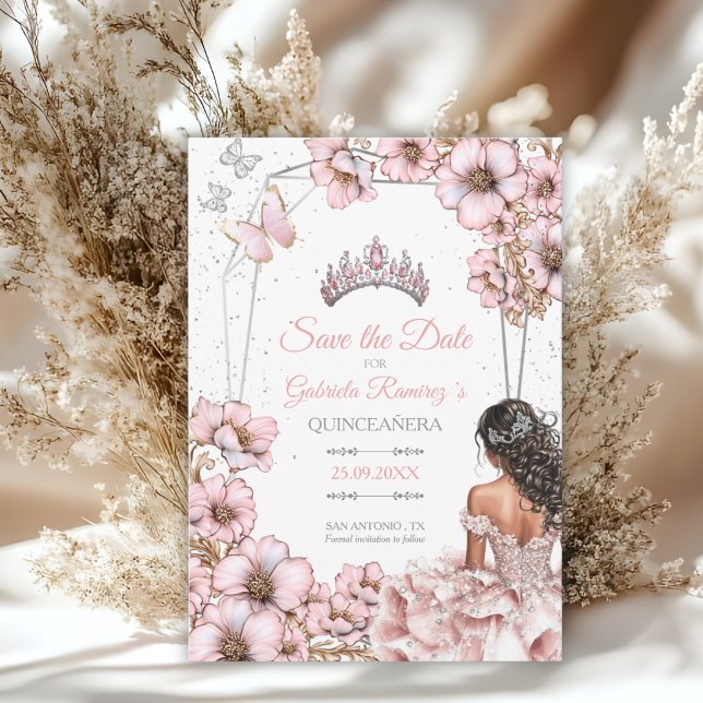 Pink Silver Tiara Butterfly Quinceañera Save The Date (Von Creator hochgeladen)