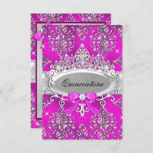 Pink Silver Tiara Damask Quinceanera Einladung