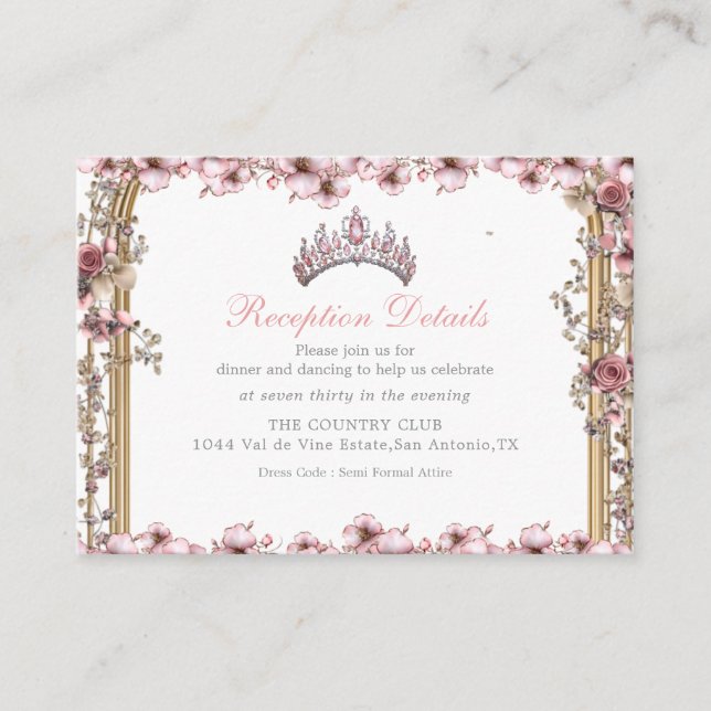 Pink Silver Tiara Floral Quinceañer Enclosure Card Begleitkarte (Vorderseite)