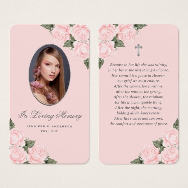 Pink Silver Watercolor Floral Memorial Belegekarte (Vorne & Hinten)