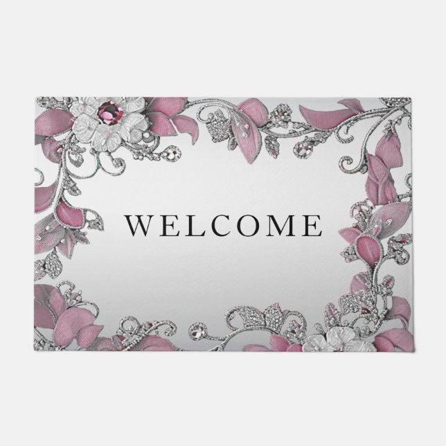 Pink Silver White Floral Doormat Fußmatte (Vorderseite)