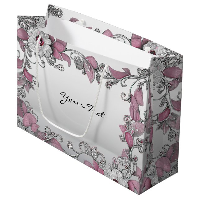 Pink Silver White Floral Geschenktasche Große Geschenktüte (Vorderseite Schrägansicht)