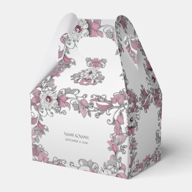 Pink Silver White Floral Gevor Box Geschenkschachtel (Vorderseite)