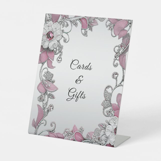 Pink Silver White Floral Tabletop Sockelschild (Vorderseite)