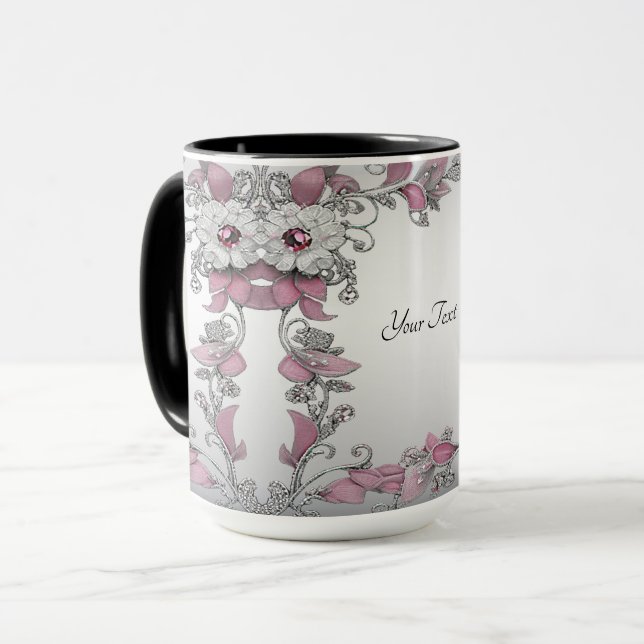 Pink Silver White Floral Tasse (Vorderseite Links)