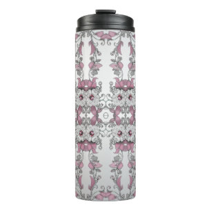 Pink Silver White Floral Thermal Tumbler Thermosbecher