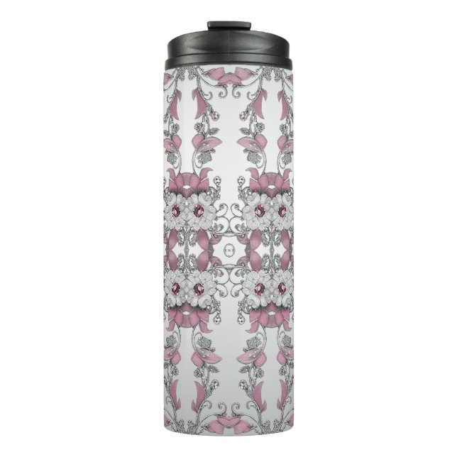 Pink Silver White Floral Thermal Tumbler Thermosbecher (Vorderseite)