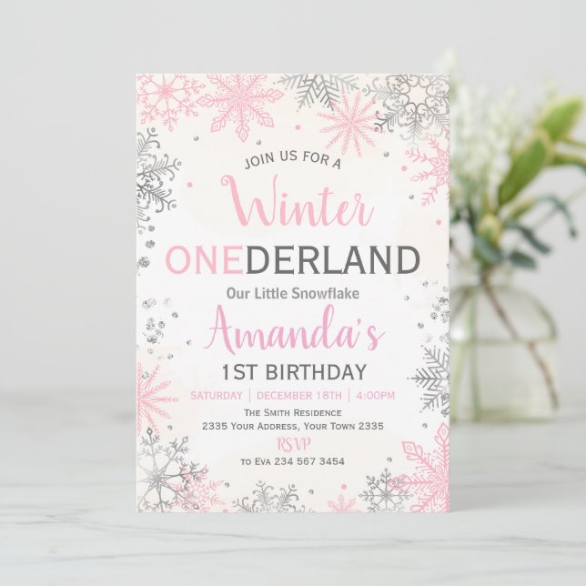 Pink Silver Winter ONEderland Birthday Invitation Einladung (Stehend Vorderseite)