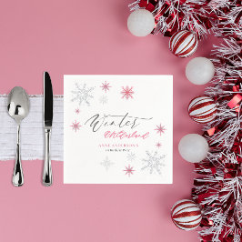 Pink Silver Winter Snowflakes 1st Birthday Serviette
