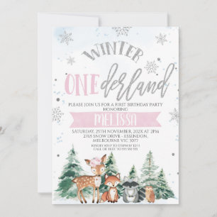 Pink Silver Woodland Onederland First Birthday Inv Einladung