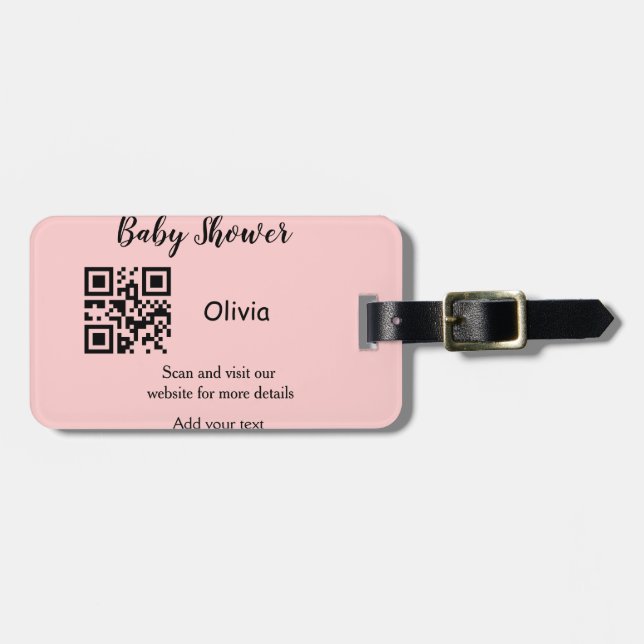 Pink simple baby shower q r code add name text thr gepäckanhänger (Vorderseite horizontal)