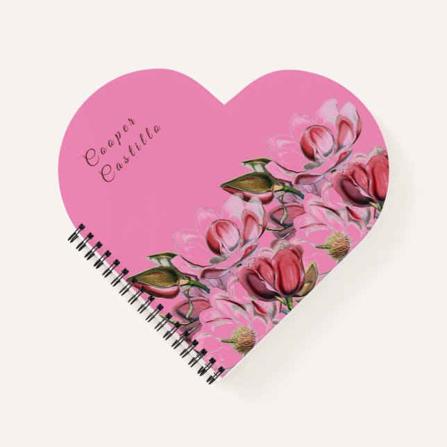Pink Simple Beruflich Calligraphy Magnolias Notizbuch (Vorderseite)