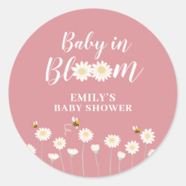 Pink Simple Boho Daisy Floral Baby in Blütendusche Runder Aufkleber