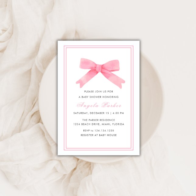 Pink Simple Minimalistisch Bow Girl Babydusche Einladung (Pink Simple Minimalist Bow Girl Baby Shower Invitation)