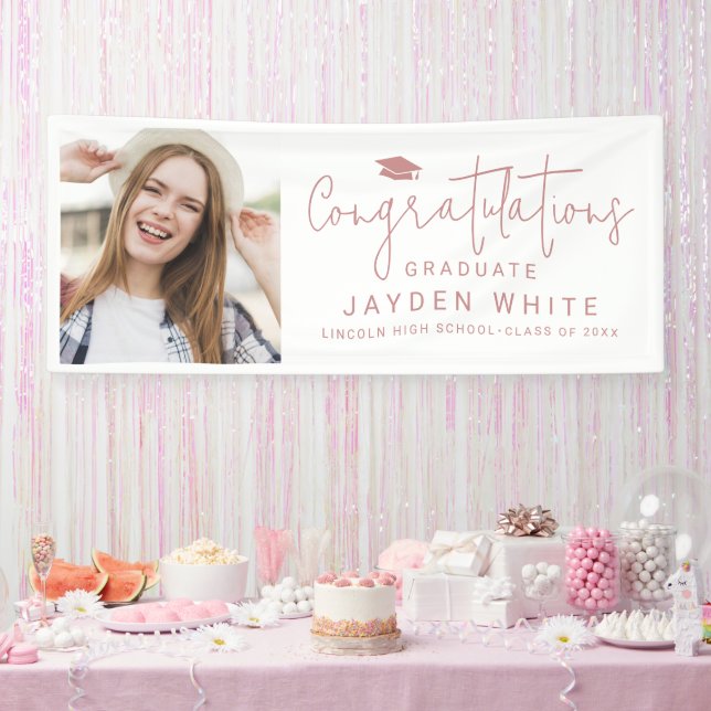 Pink Simple Modern Script Foto Graduation Party Banner (Party)