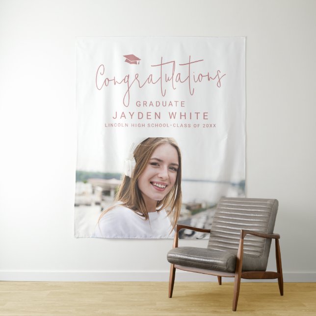 Pink Simple Modern Script Foto Graduation Party Wandteppich (Beispiel)