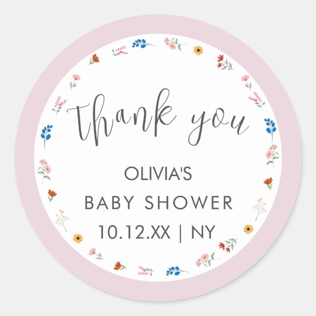 Pink Simple Tiny Wildblume Babydusche Danke Runder Aufkleber (Vorderseite)
