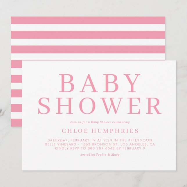 Pink Simple Typografy Stripes Girl Babydusche Einladung (Vorne/Hinten)