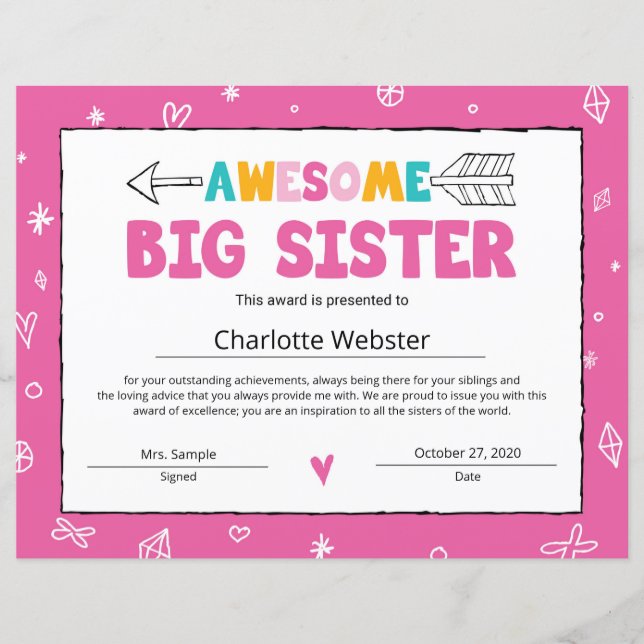 Pink Sister Certificate Big Sister Certificate (Vorderseite)