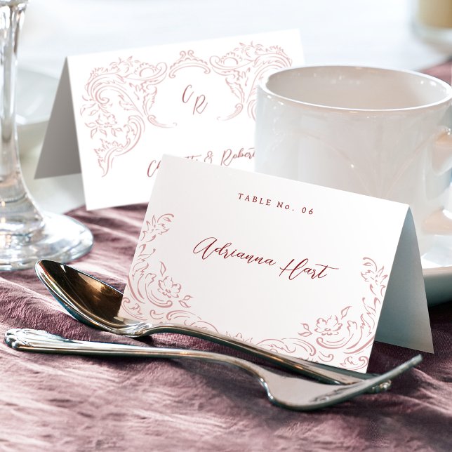 Pink Sketched Vintag Geblüht Platzkarte faltenbar Tischnummer (Pink Sketched Vintage Flourish Foldable Place Card)